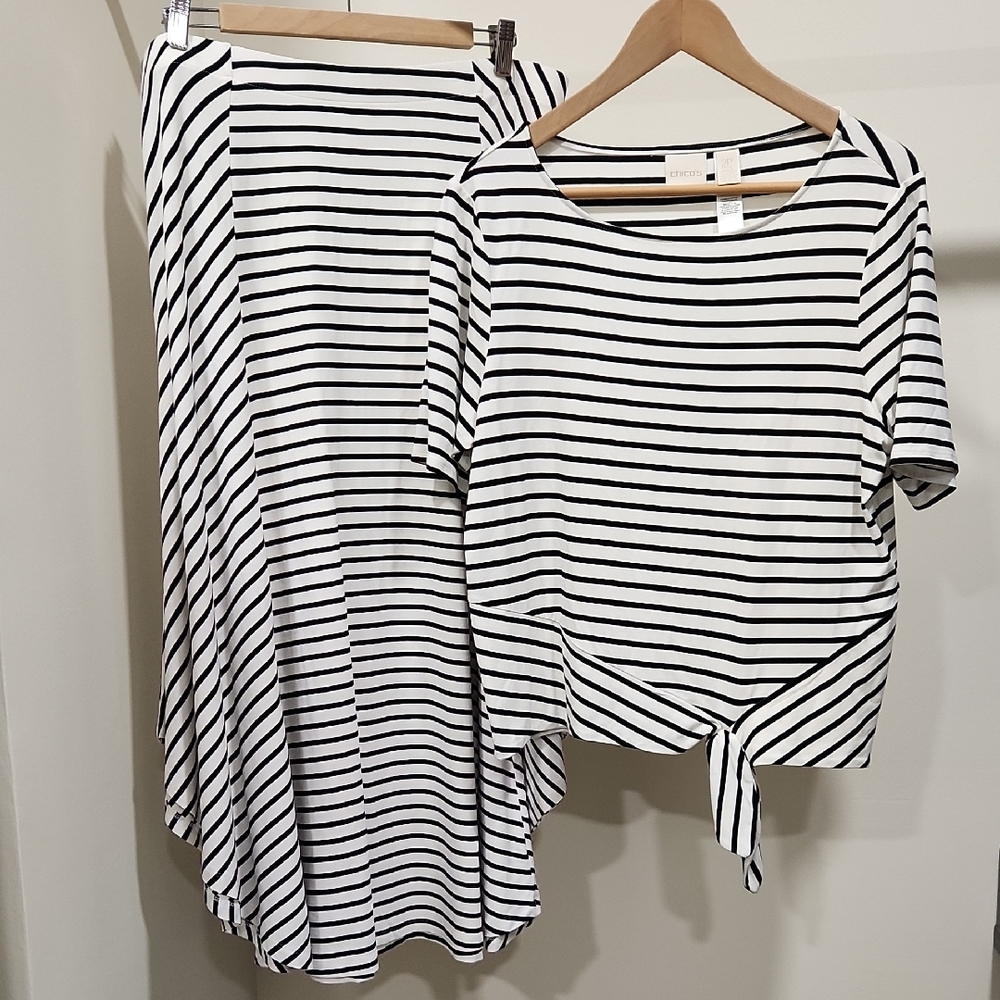 Chico's Black & White Striped Maxi Skirt with Tie-Front Top